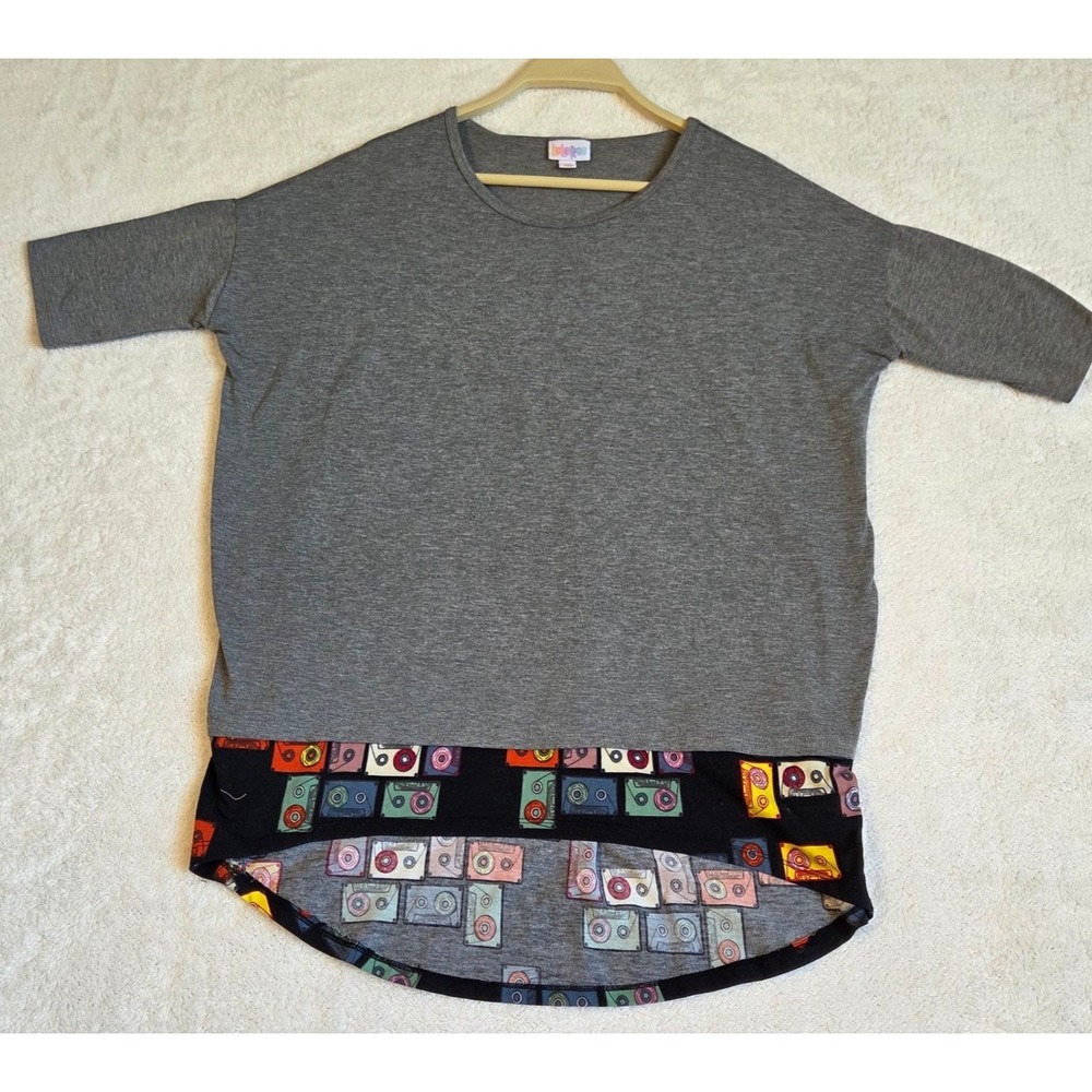 LuLaRoe Irma Tunic Top Womens XS Gray Retro Cassette Tape Print High Low Hem